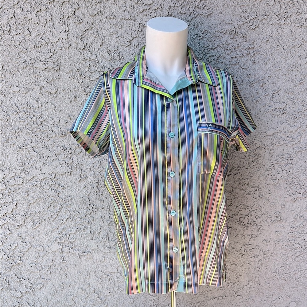 Victoria's Secret Multicolor Striped Satin Button Down Sleep Shirt Pajama Top XS - Picture 1 of 7